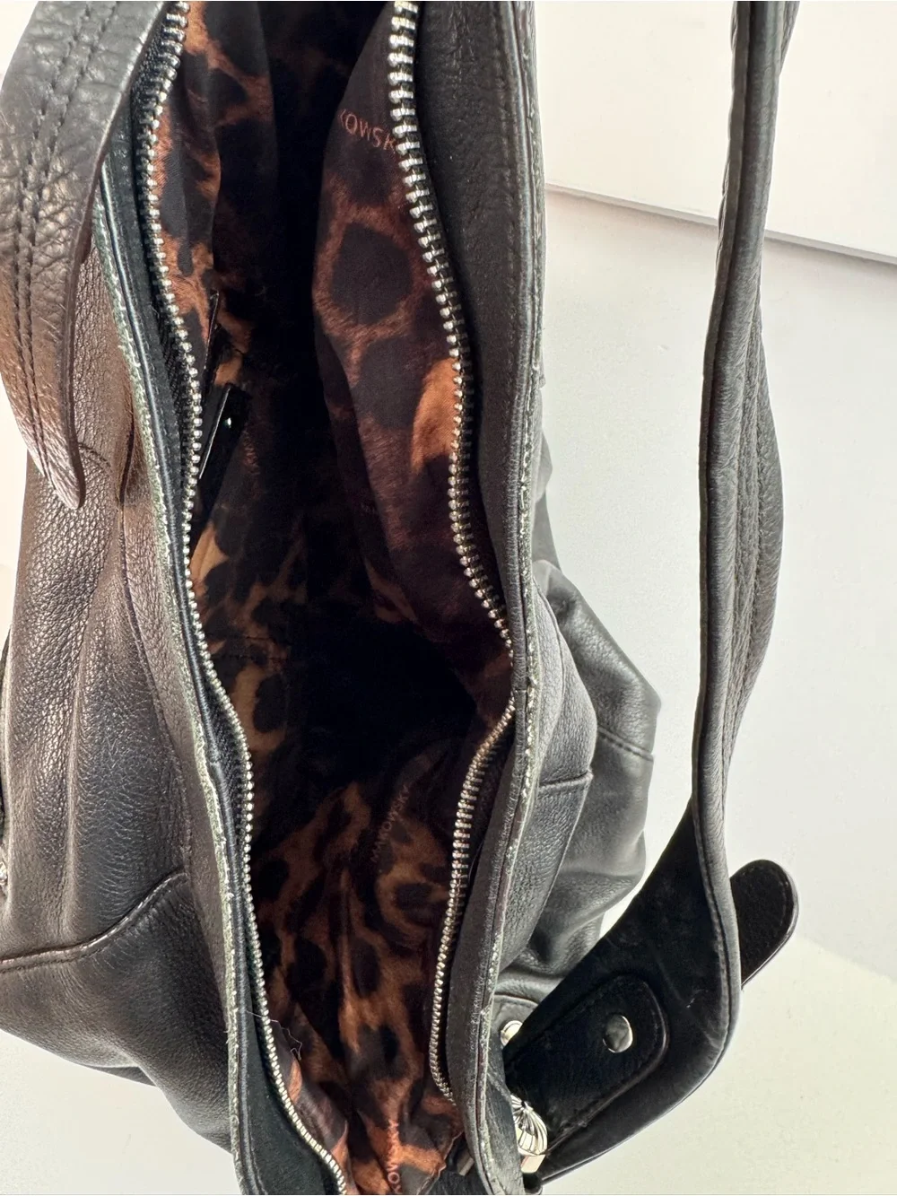 B. Makowsky Black Leather Hobo Handbag Silver Tone Hardware